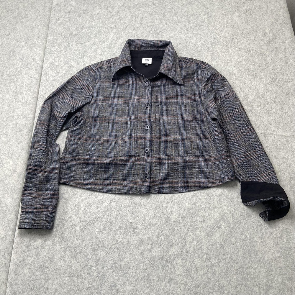 CAbi Jacket Womens Small Gray Plaid Tweed Cropped Button Front Lined Classic